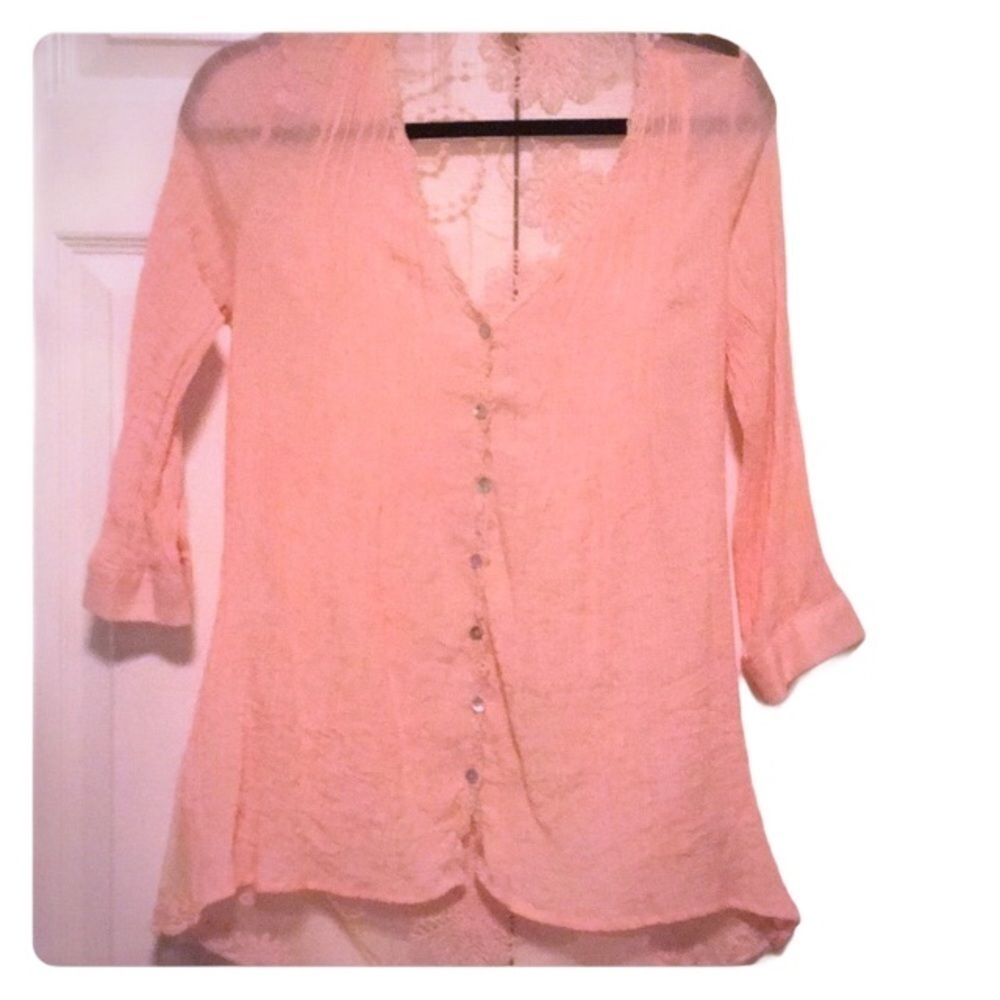 FIANCÉE blouse 3/4 sleeve sheer sexy pink lace size medium